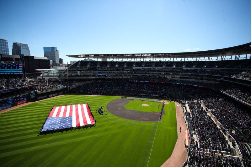 A view of Target Field during the national anthem before the start of the game between the Seattle Mariners and Minnesota Twins on Opening Day at Target Field on April 8, 2022 in Minneapolis, Minnesota.