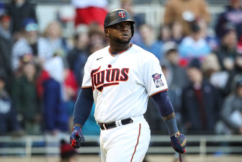Miguel Sano #22 of the Minnesota Twins reacts to striking out against the Seattle Mariners in the ninth inning on Opening Day at Target Field on April 8, 2022 in Minneapolis, Minnesota.