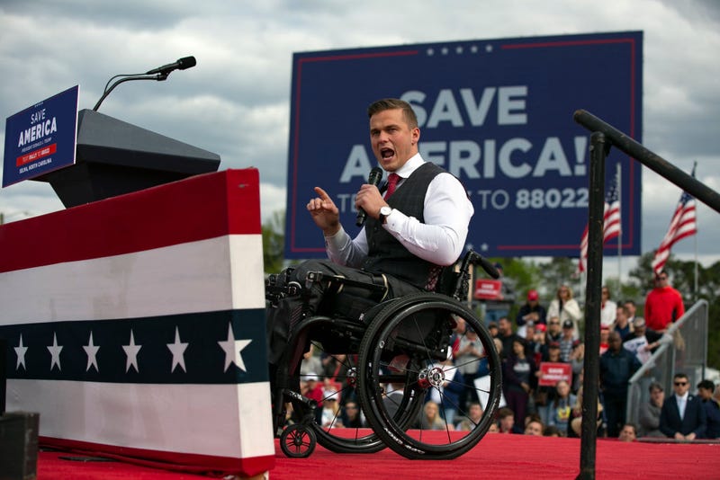 Rep. Madison Cawthorn speaks before a rally for former U.S. President Donald Trump at The Farm at 95 on April 9, 2022 in Selma, North Carolina. The rally comes about five weeks before North Carolinas primary elections where Trump has thrown his support behind candidates in some key Republican races. (Photo by Allison Joyce/Getty Images)