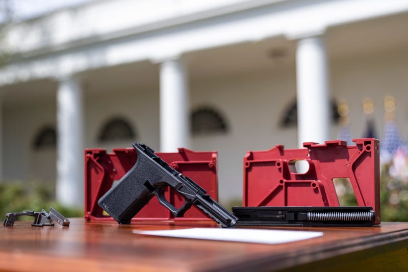 A ghost gun is displayed before the start of an event about gun violence in the Rose Garden of the White House April 11, 2022.