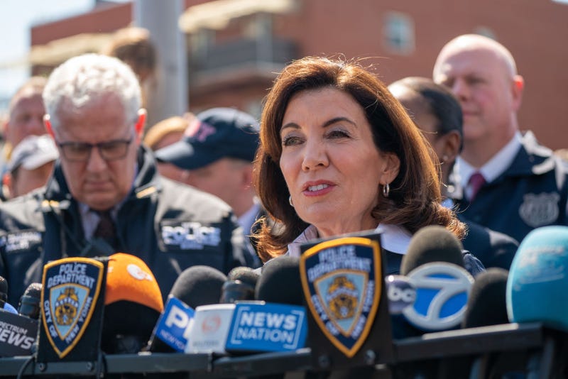 New York State Governor Kathy Hochul speaks during a press conference at the site of a shooting at the 36 St subway station on April 12, 2022 in New York City. According to authorities, 16 people have been injured, including 10 with gunshot wounds, in a shooting at the 36th Street and Fourth Avenue station in the Sunset Park neighborhood.