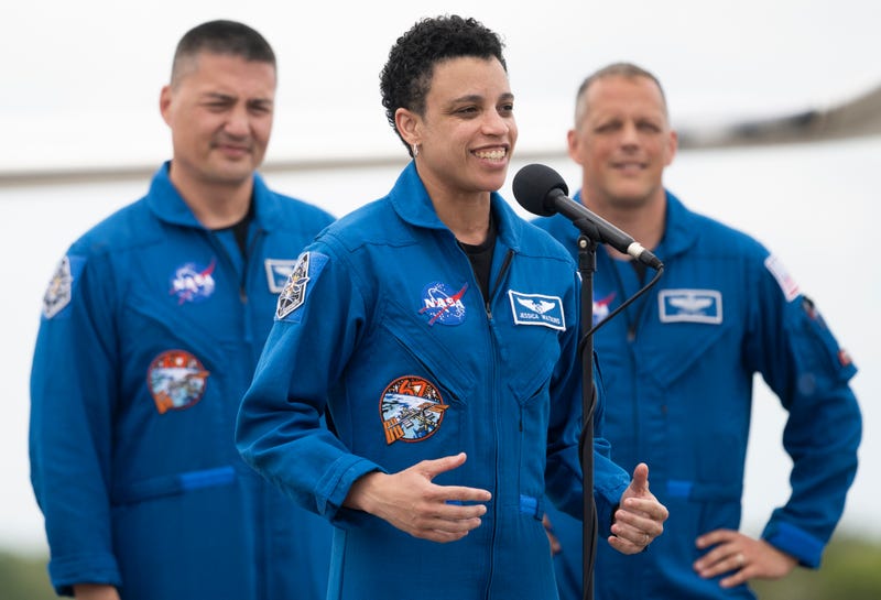 In this NASA handout, NASA astronaut Jessica Watkins speaks to members of the media after arriving at the Launch and Landing Facility at NASAs Kennedy Space Center with fellow crewmates NASA astronauts Robert Hines, Kjell Lindgren, and ESA (European Space Agency) astronaut Samantha Cristoforetti ahead of SpaceXs Crew-4 mission, Monday, April 18, 2022, in Florida.