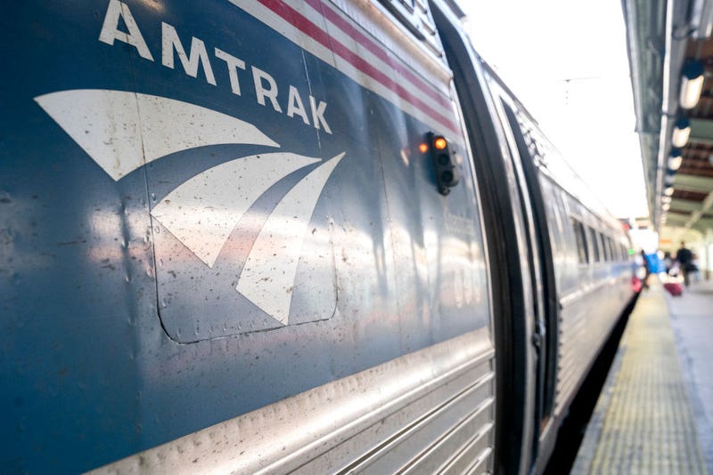 The Amtrak logo is seen on a train on April 22, 2022.