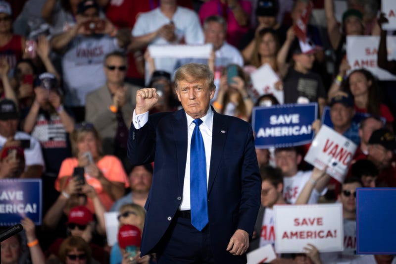 Former U.S. President Donald Trump gestures after speaking during a rally hosted by the former president at the Delaware County Fairgrounds on April 23, 2022 in Delaware, Ohio.