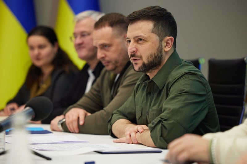 In this handout photo from the Ukrainian Presidential Press Office, Ukrainian President Volodymyr Zelensky meets with a delegation including U.S. Secretary of State Antony Blinken and U.S. Defense Secretary Lloyd Austin on April 24, 2022 in Kyiv, Ukraine. The meeting represented the first visit to Kyiv by senior U.S. government officials since the start of the war. (Photo by Ukrainian Presidential Press Office via Getty Images)