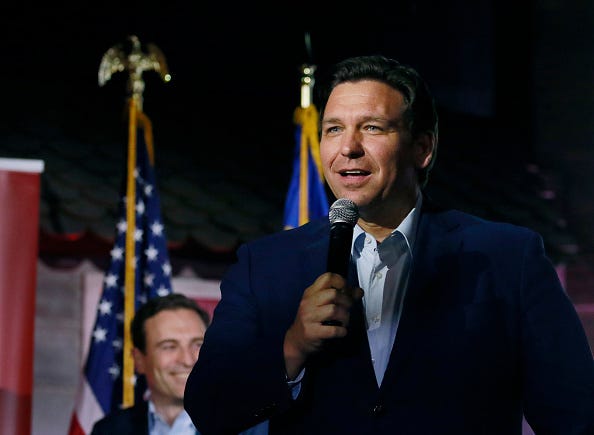 Florida Governor Ron DeSantis (R) appears with Republican Senate candidate from Nevada Adam Laxalt at a campaign event at Stoneys Rockin Country on April 27, 2022 in Las Vegas, Nevada.