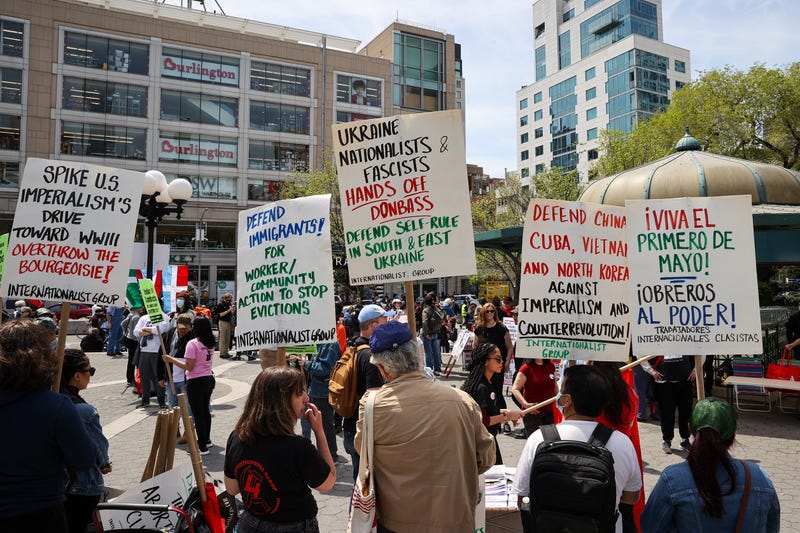 Demonstrators and workers are gathered at the Union Square Park to mark International Labor Day in New York City, United States on May 1, 2022.