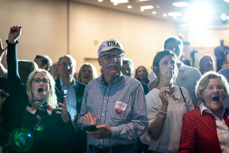 Supporters cheer as Republican U.S. Senate candidate J.D. Vance is announced winner of the primary, at an election night event at Duke Energy Convention Center on May 3, 2022 in Cincinnati, Ohio. Vance, who was endorsed by former President Donald Trump, narrowly won over former state Treasurer Josh Mandel, according to published reports. (Photo by Drew Angerer/Getty Images)