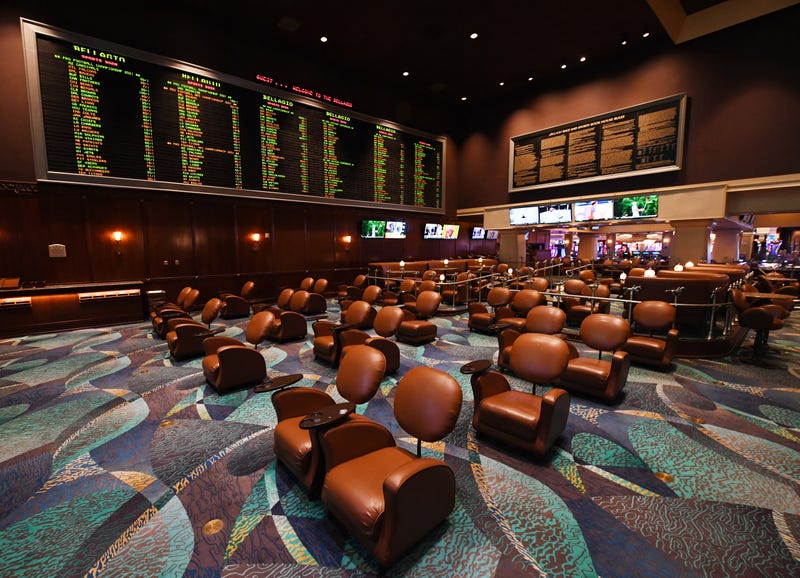 Chairs are spaced out for social distancing at the BetMGM Sports Book at Bellagio Resort & Casino as the Las Vegas Strip property, which has been closed since March 17 in response to the coronavirus pandemic, prepares to reopen on June 1, 2020