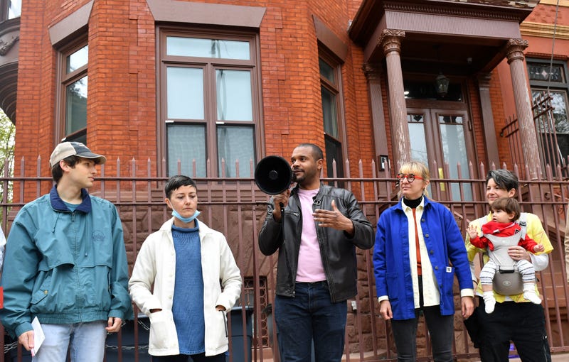 New York State Senator Jabari Brisport (C) speaks to people gather to protest rent increases and aggressive evictions and in support of tenant rights, on April 23, 2022.