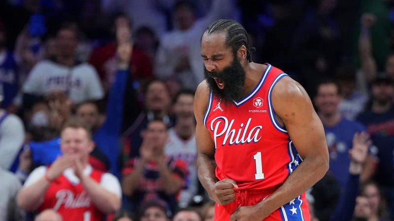 James Harden of the Philadelphia 76ers reacts against the Miami Heat in the first half during Game Four of the 2022 NBA Playoffs Eastern Conference Semifinals at the Wells Fargo Center on May 8, 2022 in Philadelphia, Pennsylvania.