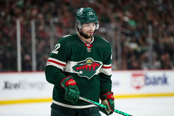 Kevin Fiala #22 of the Minnesota Wild looks on against the St. Louis Blues in the second period in Game Five of the First Round of the 2022 Stanley Cup Playoffs at Xcel Energy Center on May 10, 2022 in St Paul, Minnesota.