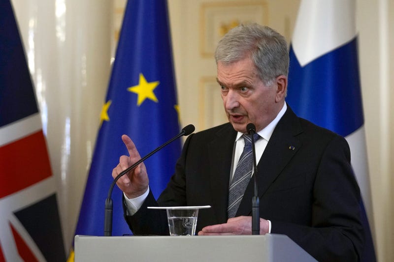 Finland's President Sauli Niinisto makes a point during a joint press conference with British Prime Minister Boris Johnson at the Presidential Palace on May 11, 2022 in Helsinki, Finland.
