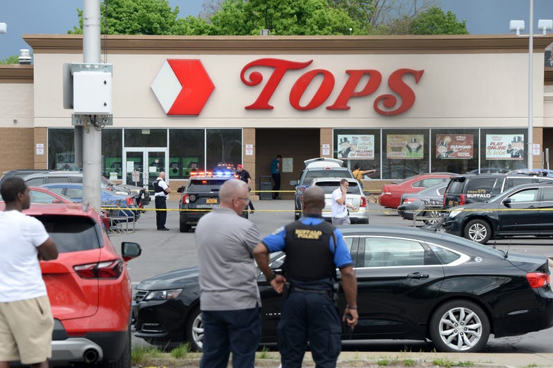 Buffalo Police on scene at a Tops Friendly Market on May 14, 2022 in Buffalo, New York. According to reports, at least 10 people were killed after a mass shooting at the store with the shooter in police custody.