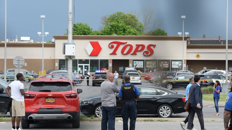 Buffalo Police on scene at a Tops Friendly Market on May 14, 2022 in Buffalo, New York. According to reports, at least 10 people were killed after a mass shooting at the store with the shooter in police custody.