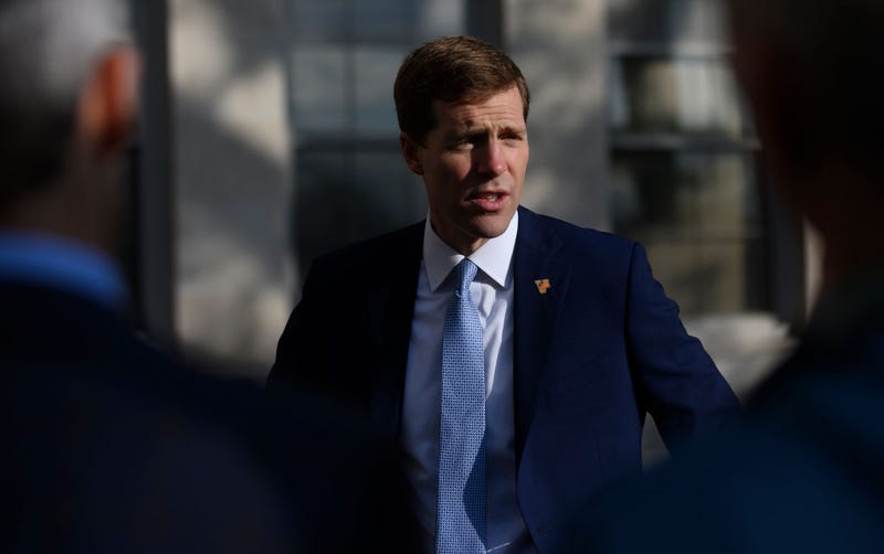  Rep. Conor Lamb (D-PA) talks to the press after arriving at his polling location at Mellon Middle School on May 17, 2022 in Pittsburgh, Pennsylvania.