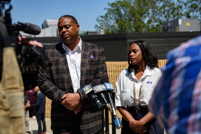 state Rep. Summer Lee talks to the press outside her polling station at the Paulson Recreation Center after voting with Pittsburgh Mayor Ed Gainey