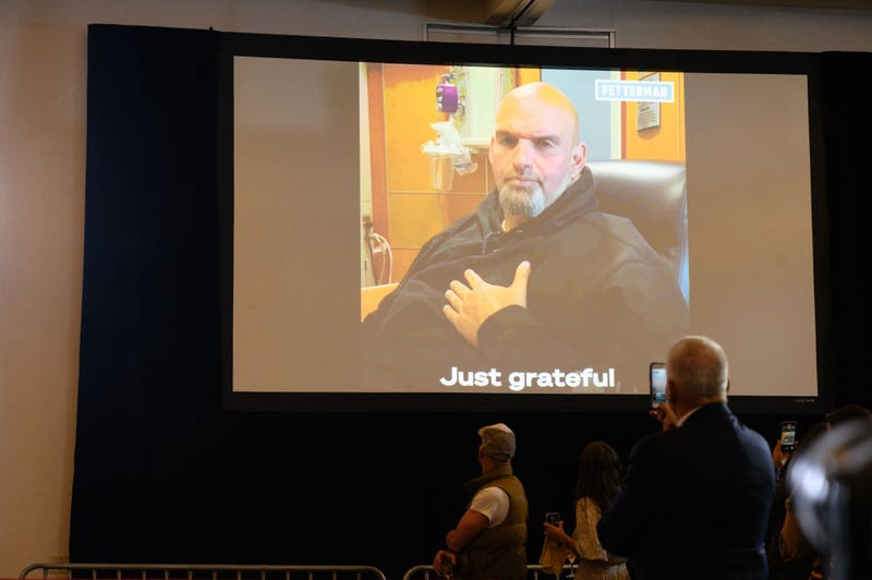 John Fetterman, lieutenant governor of Pennsylvania and Democratic Senate candidate, speaks in a recorded message during a primary election night event in Pittsburgh, Pennsylvania, May 17, 2022.