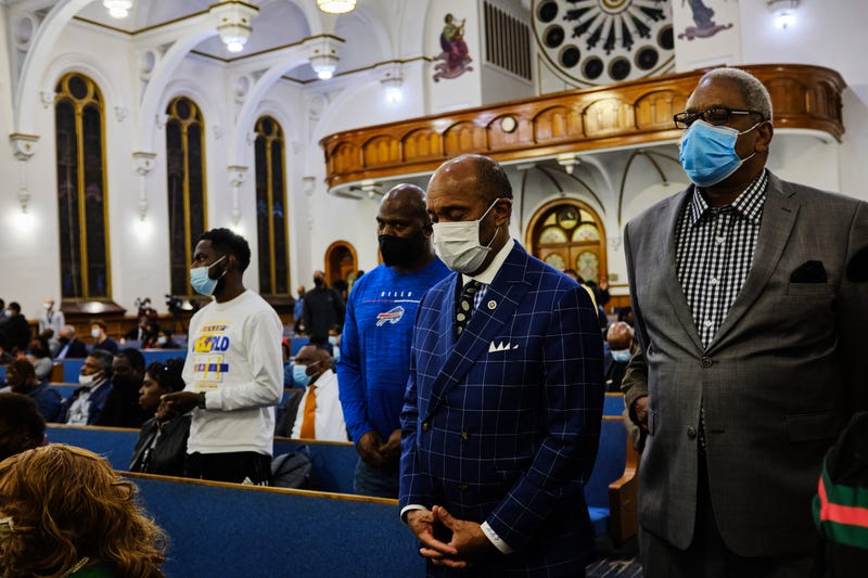A service is held with the families and the community of Andre McNeil, Geraldine Talley and Ruth Whitfield at Antioch Baptist Church on May 19, 2022 in Buffalo, New York. McNeil, Talley and Whitfield were killed when a gunman opened fire at a Tops grocery store on Saturday, May 14th in Buffalo. The relatives of McNeil and Talley will announce funeral plans, while the family of Whitfield will speak in support. The gunman opened fire at the grocery store on the east side of Buffalo after posting white supremacist views online. 