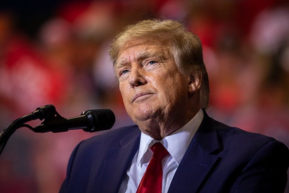 Former President Donald Trump speaks on May 28, 2022 in Casper, Wyoming. The rally is being held to support Harriet Hageman, Rep. Liz Cheneys primary challenger in Wyoming.