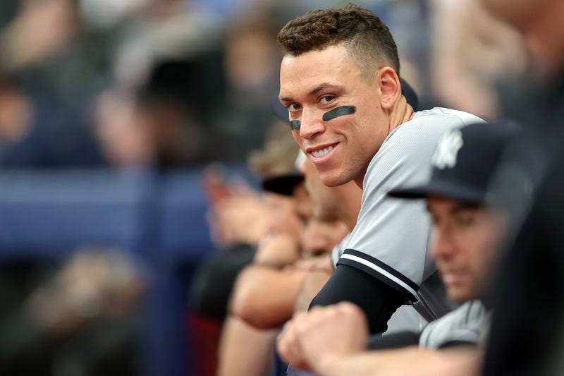 Aaron Judge #99 of the New York Yankees smiles after his solo home run against the Tampa Bay Rays in the eighth inning at Tropicana Field on May 29, 2022.