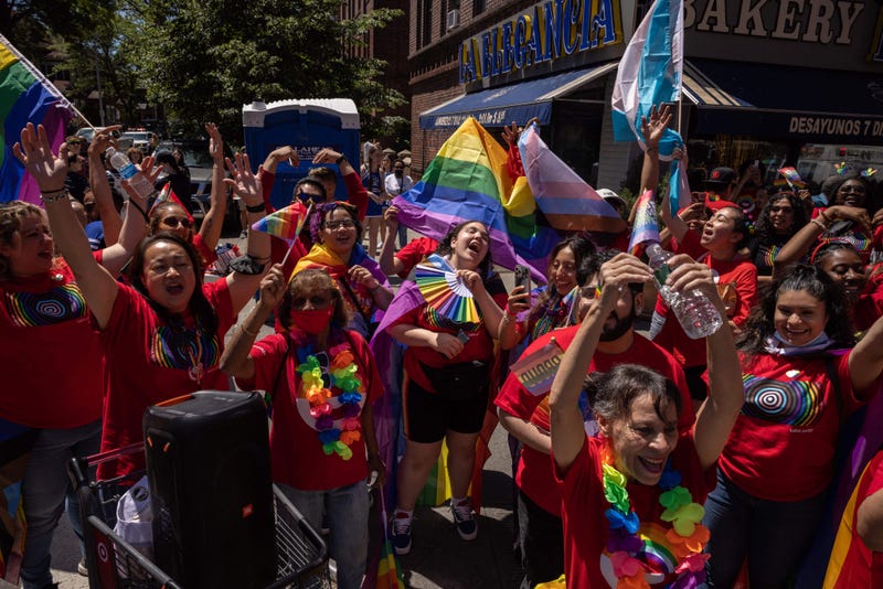 People celebrate during the New York Pride March on June 27, 2021 in New York City.