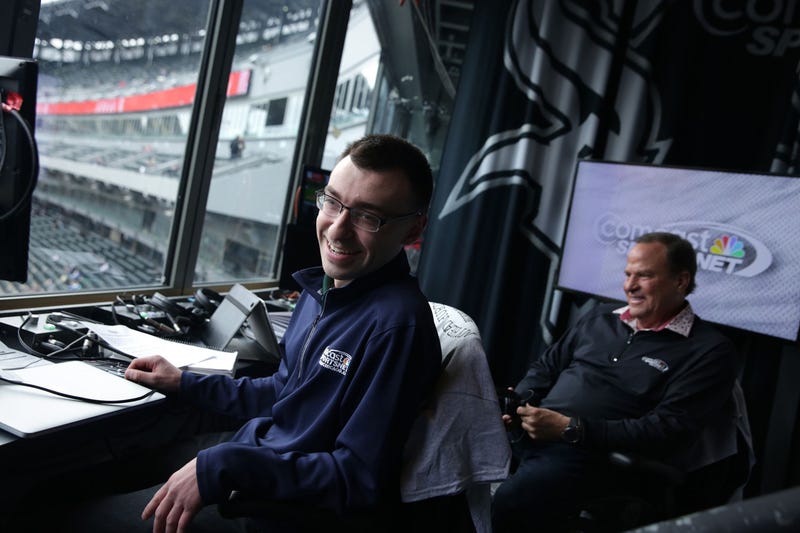 Chicago White Sox play-by-play man Jason Benetti with his partner Steve Stone in the broadcast booth at Guaranteed Rate Field on May 20, 2016.