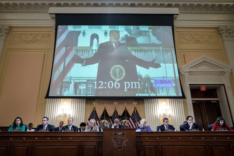 Former U.S. President Donald Trump is displayed on a screen during a hearing by the Select Committee to Investigate the January 6th Attack on the U.S. Capitol on June 09, 2022 in Washington, DC