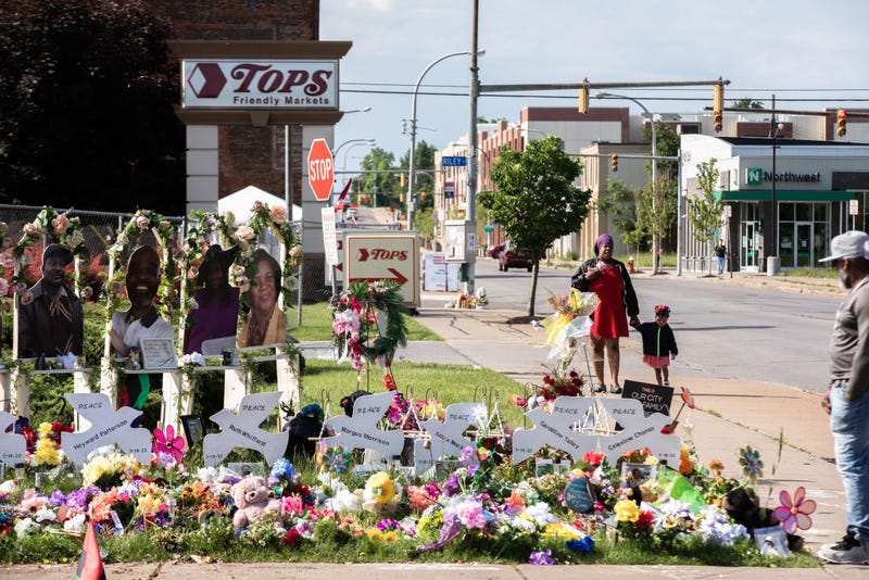 A memorial to the dead in the Tops grocery store mass shooting is shown during a March For Our Lives event on June 11, 2022 in Buffalo, New York.