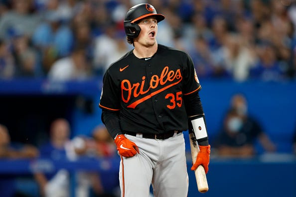 Adley Rutschman models the Orioles black alternate uniforms.