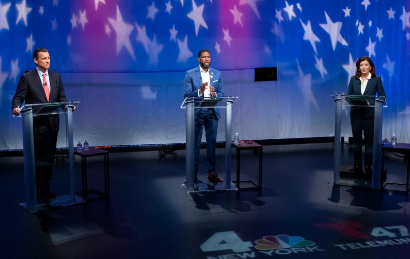 (L-R) U.S. Rep. Tom Suozzi (D-NY), Public Advocate Jumaane Williams and Gov. Kathy Hochul debate in the race for governor at the studios of WNBC4-TV June 16, 2022 in New York City