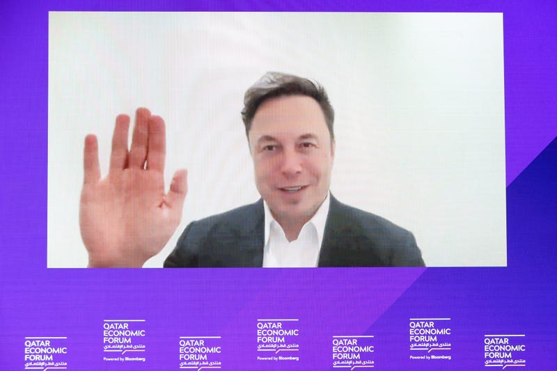 Elon Musk, chief executive officer of Tesla Inc., appears via video link during the Qatar Economic Forum in Doha, Qatar, on Tuesday, June 21, 2022. 