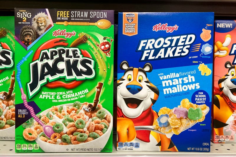 Kellogg's brand cereal is displayed on a store shelf on June 21, 2022 in Lansing, Michigan.