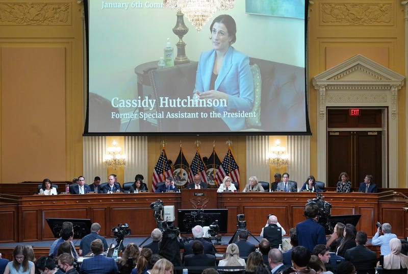 An image of Cassidy Hutchinson is shown during the fifth hearing held by the Select Committee to Investigate the January 6th Attack on the U.S. Capitol on June 23, 2022 in the Cannon House Office Building in Washington, D.C.