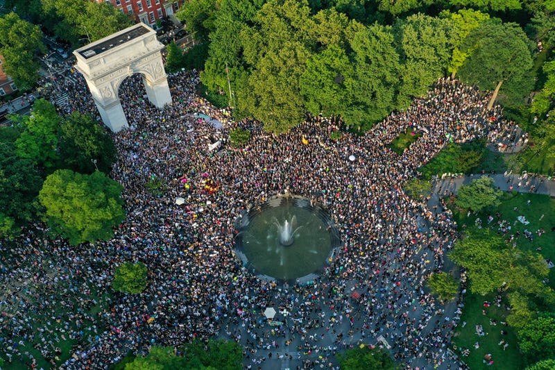 An aerial view of people gathered at Washington Square Park to protest against the Supreme Court's decision in the Dobbs v Jackson Women's Health case on June 24, 2022 in the Manhattan borough of New York City, United States. The Court's decision in the Dobbs v Jackson Women's Health case overturns the landmark 50-year-old Roe v Wade case, removing a federal right to an abortion.