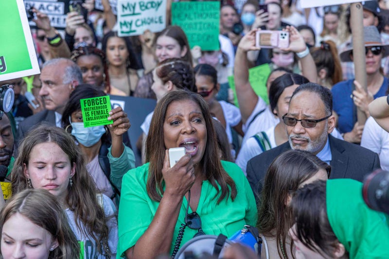 New York Attorney General Letitia James speaks to abortion rights activists as they march from Washington Square Park to Bryant Park in protest of the overturning of Roe Vs. Wade by the US Supreme Court, in New York, on June 24, 2022.