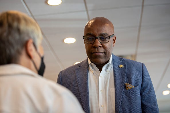 Illinois Attorney General Kwame Raoul greets supporters on Primary Day at Manny's Deli on June 28, 2022 in Chicago, Illinois. Voters will be deciding on candidates for governor, secretary of state, and several other key positions in state government. (Photo by Jim Vondruska/Getty Images)
