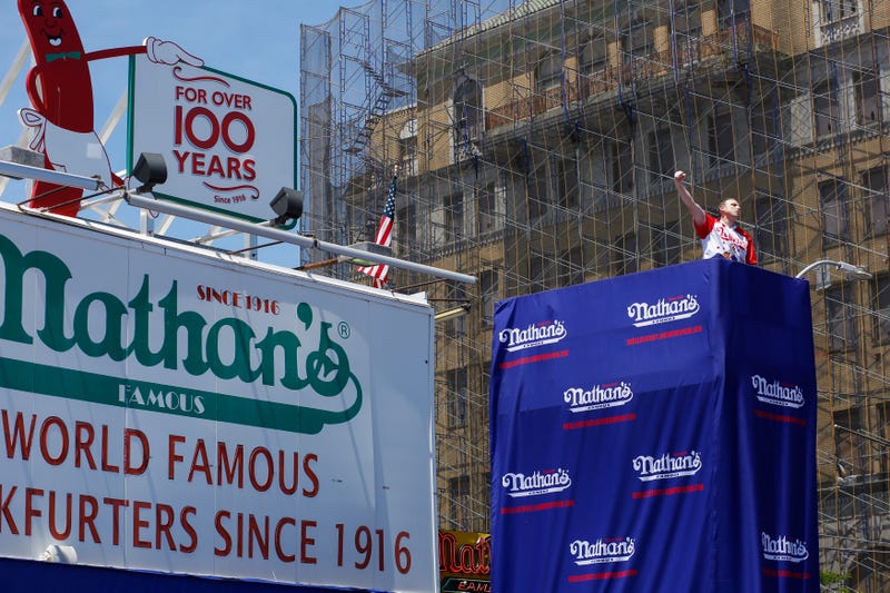 Joey Chestnut reacts during the 2022 Nathans Famous Fourth of July International Hot Dog Eating Contest on July 4, 2022 at Coney Island in the Brooklyn borough of New York City
