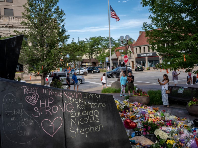 Highland Park memorial, with flowers lain for the victims of the Fourth of July shooting.