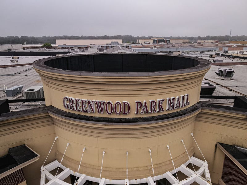 In this aerial view, the main entrance of Greenwood Park Mall is seen on July 18, 2022, in Greenwood, Indiana.