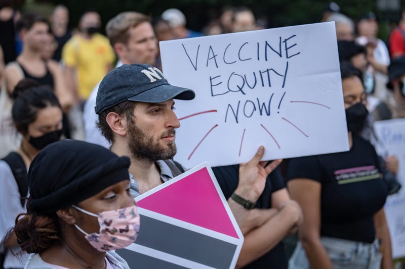 People protest during a rally calling for more government action to combat the spread of monkeypox at Foley Square on July 21, 2022 in New York City.