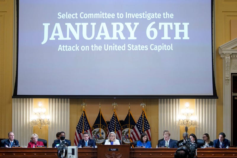 Representative Liz Cheney, a Republican from Wyoming, bottom center, speaks during a hearing of the Select Committee to Investigate the January 6th Attack on the US Capitol on July 21, 2022 in Washington, DC.