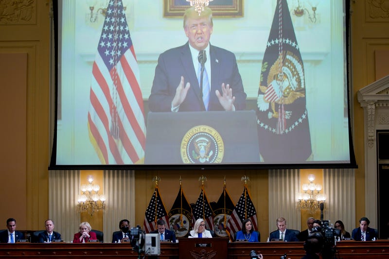 A video of former President Donald Trump played on a screen during a hearing of the Select Committee to Investigate the January 6th Attack on the US Capitol on July 21, 2022 in Washington, D.C.