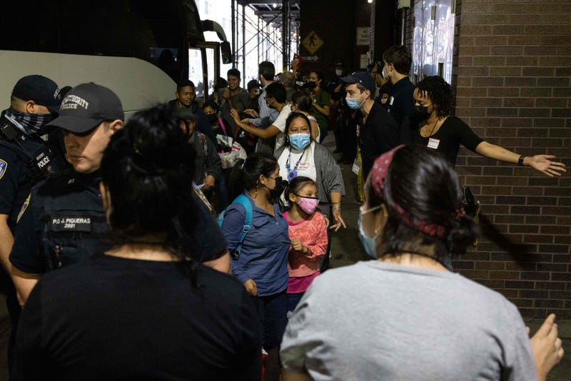 A bus carrying migrants from Texas arrives at Port Authority Bus Terminal on Aug. 10, 2022 in New York