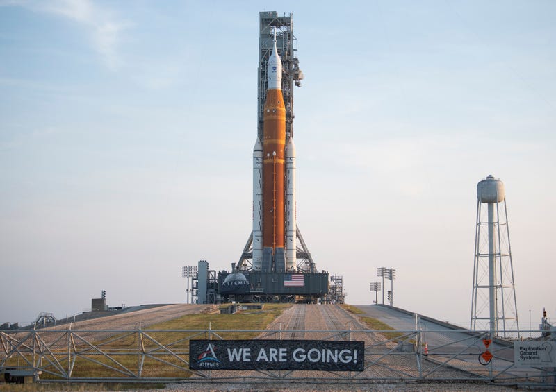 In this handout image provided by NASA, NASA's Space Launch System (SLS) rocket with the Orion spacecraft aboard is seen atop the mobile launcher at Launch Pad 39B at the Kennedy Space Center on August 17, 2022 in Cape Canaveral, Florida.
