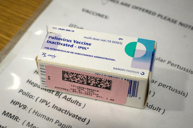 A polio vaccine box is dislayed at a health clinic in Brooklyn, New York on August 17, 2022