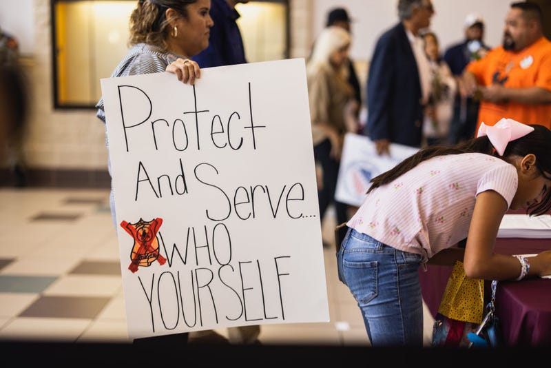 Family members who lost loved ones in the massacre at Robb Elementary School arrive for the Uvalde Consolidated Independent School District Board special meeting to consider the firing of Police Chief Pete Arredondo on August 24, 2022 in Uvalde, Texas. Arredondo was fired over the police response to the May 24 massacre, America’s deadliest school shooting since 2012. (Photo by Jordan Vonderhaar/Getty Images)
