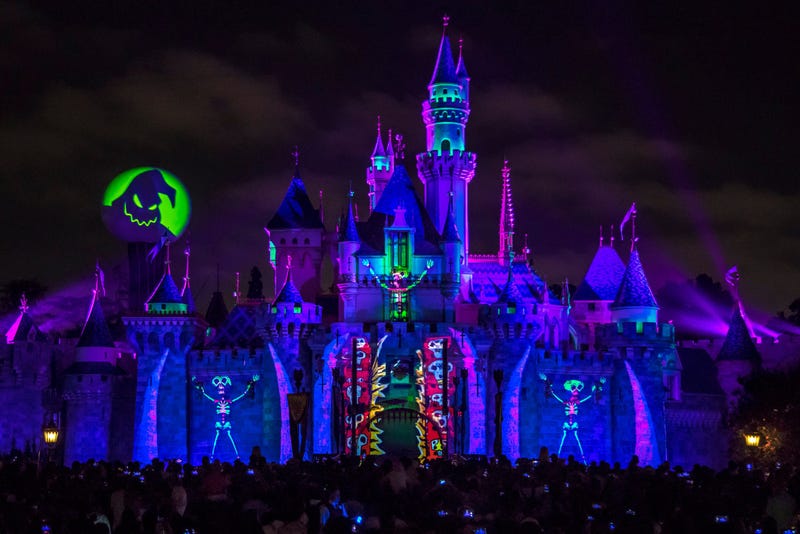  In this handout photo provided by Disney Resorts, "Halloween Screams", a supernatural special effects show, is projected on the Sleeping Beauty Castle at Disneyland Park on September 02, 2022 in Anaheim, California.