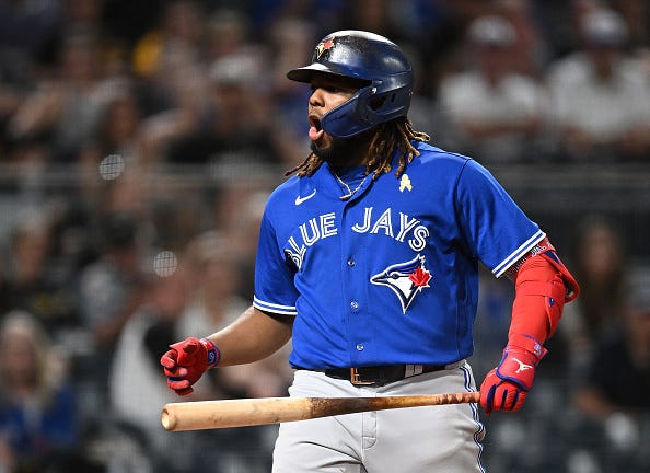 Vladimir Guerrero Jr. models the Blue Jays alternate tops.
