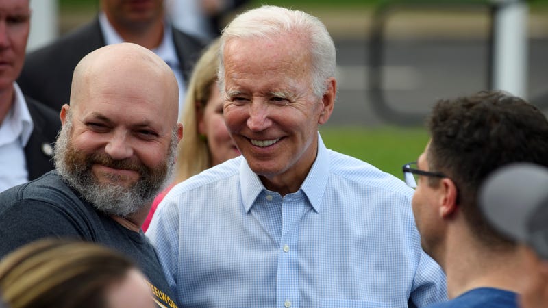 President Joe Biden greets the audience after giving a Labor Day speech at the United Steelworkers of America Local Union 2227 on Sept. 5, 2022 in Pittsburgh, Pennsylvania. Biden is in Pittsburgh to endorses local Democratic candidates.